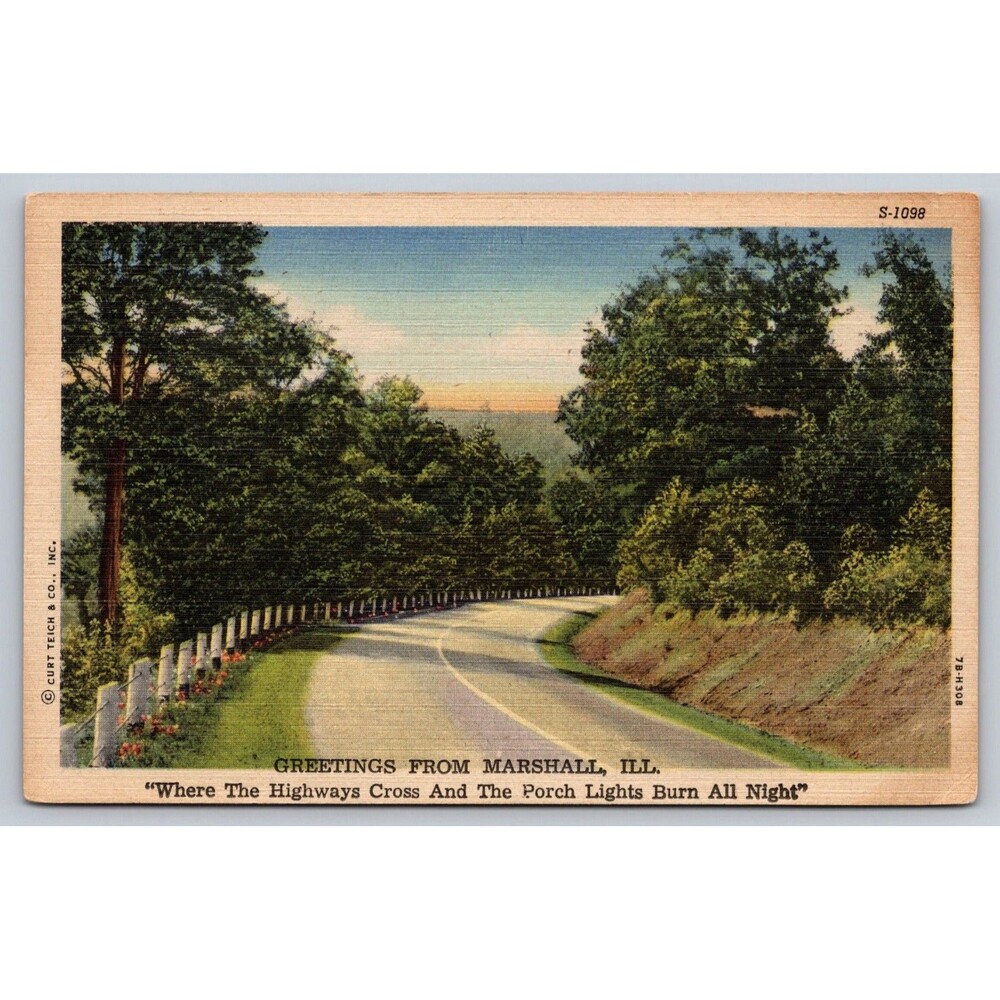 1937 Marshall Illinois Where the Highways Cross Linen Postcard Curt Teich